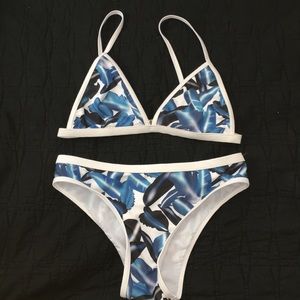 White Bikini set with blue and black leaves
